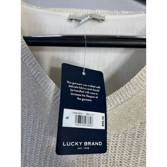 Lucky Brand Metallic Knit Sweater with Lace Detail Sparkly Linen Party Top - Picture 3 of 7
